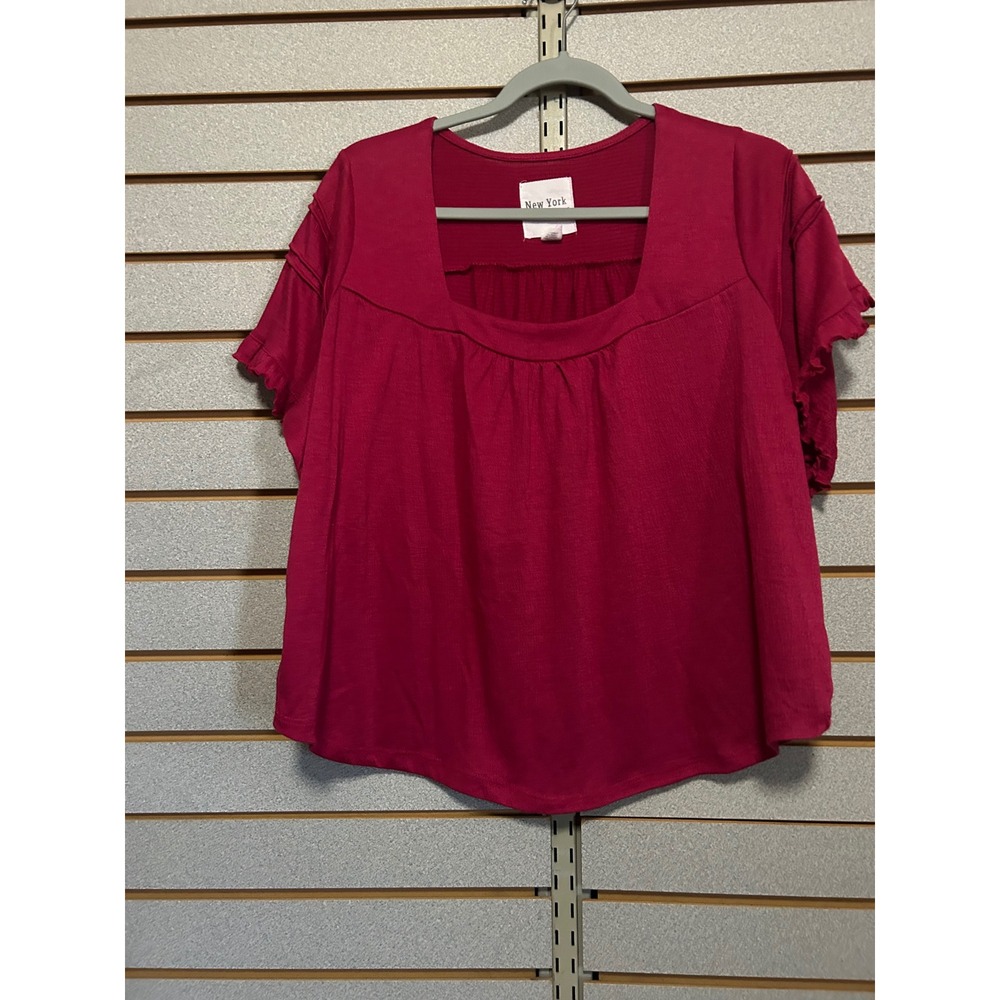 New‎ York Laundry Womens Magenta Ruffle Short Sleeve Square Neck Blouse Top L